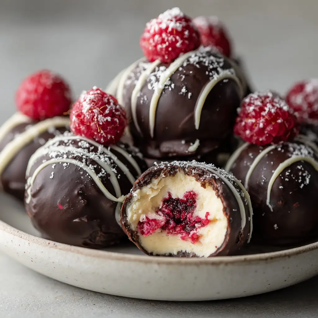 Decadent Raspberry Cheesecake Truffles 2 Close-up of a halved raspberry cheesecake truffle emphasizing the creamy white filling and glossy chocolate texture.