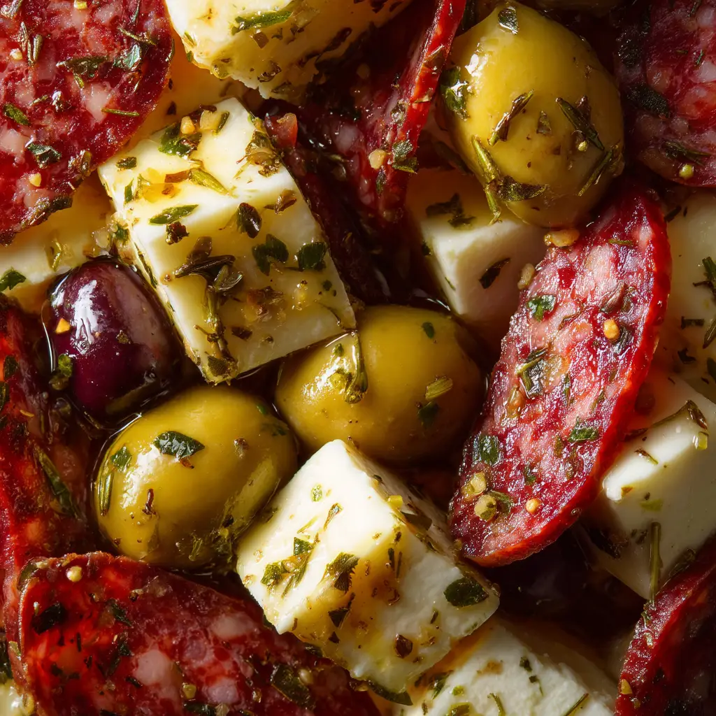 Photorealistic view of a Marinated Cheese Appetizer with dramatic lighting highlighting the textures.
