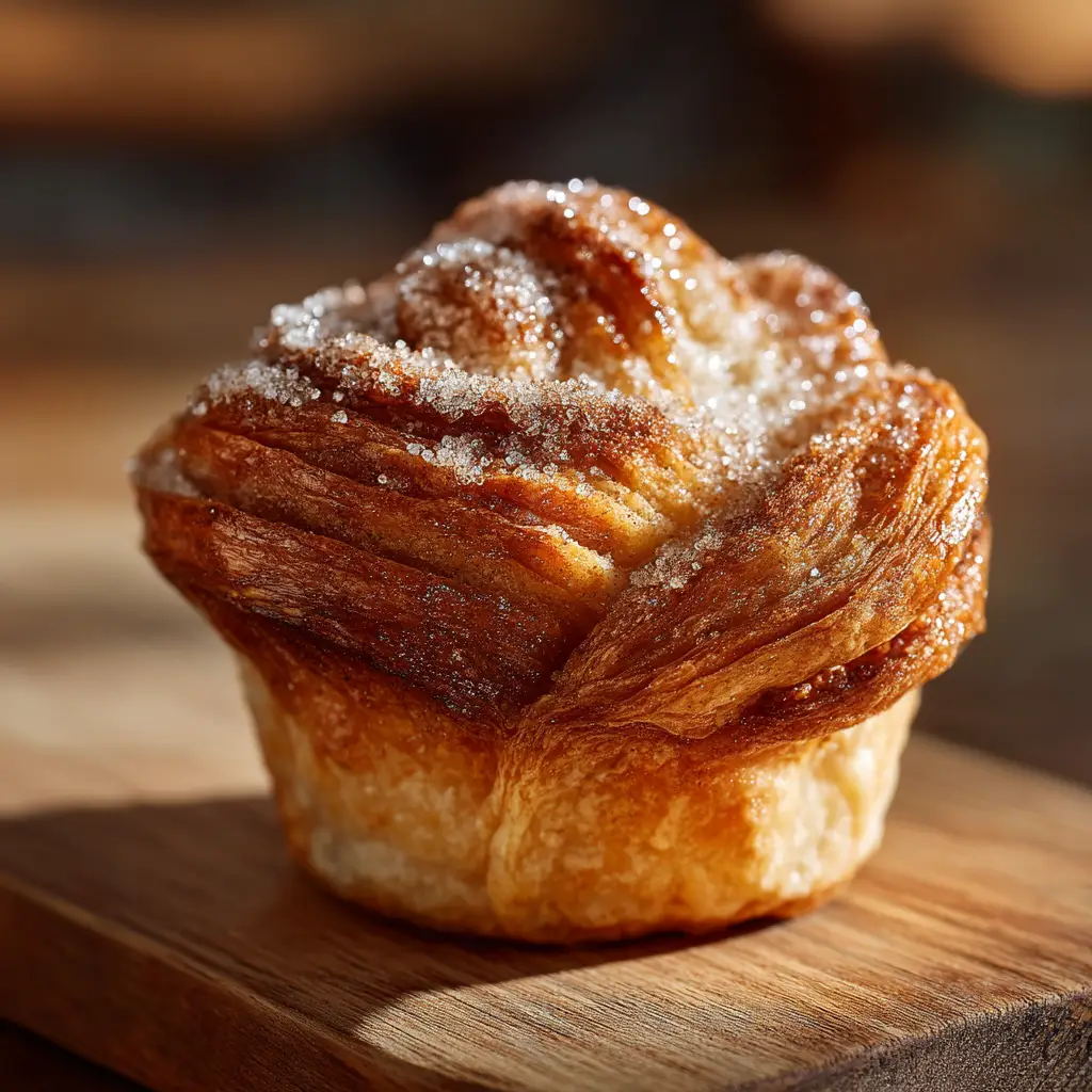 Detailed macro shot of the intricate, flaky pastry layers of a freshly baked cinnamon cruffin on a wooden surface.