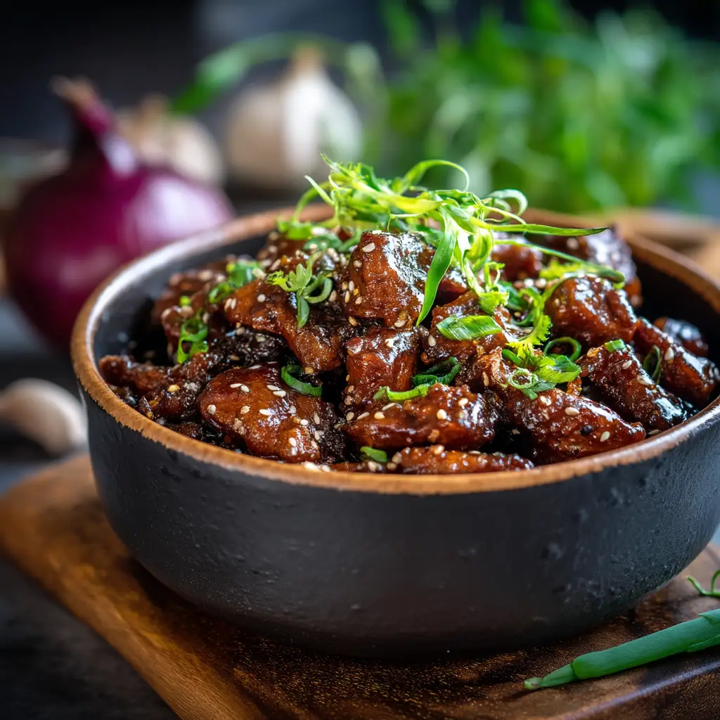 Hyper-detailed close up of thick, glossy Homemade Teriyaki Sauce clinging to chicken topped with sesame seeds on a dark wooden board.