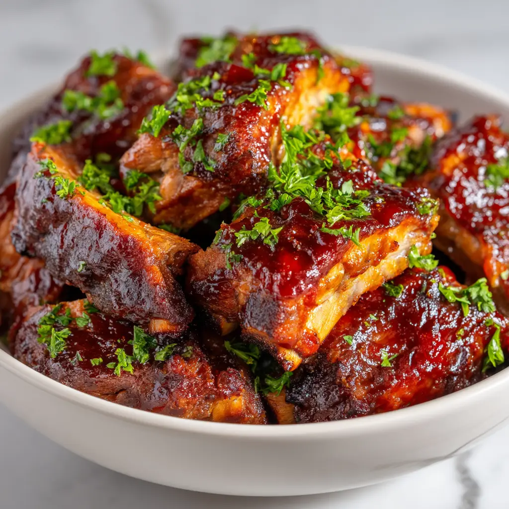 Close-up of thick, dark red sticky barbecue glaze on oven-baked ribs garnished with chopped green parsley.