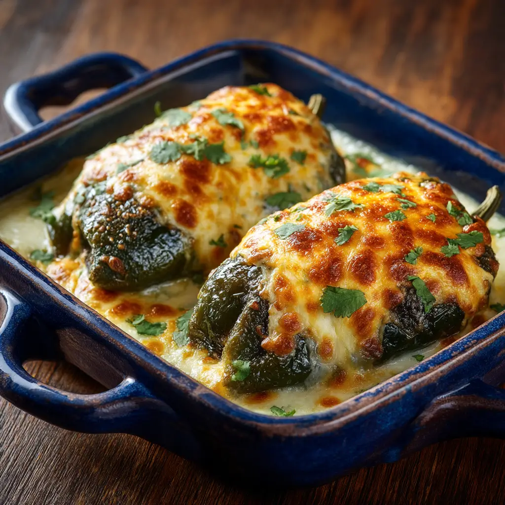 A close overhead view of golden brown cheese and fresh chopped cilantro melting over baked poblano peppers.
