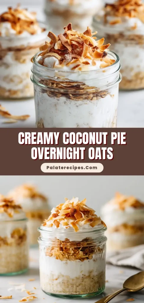 A close up view of Coconut Cream Pie Overnight Oats layered in a small glass jar with white yogurt and golden toasted coconut on top, sitting on a white marble surface.