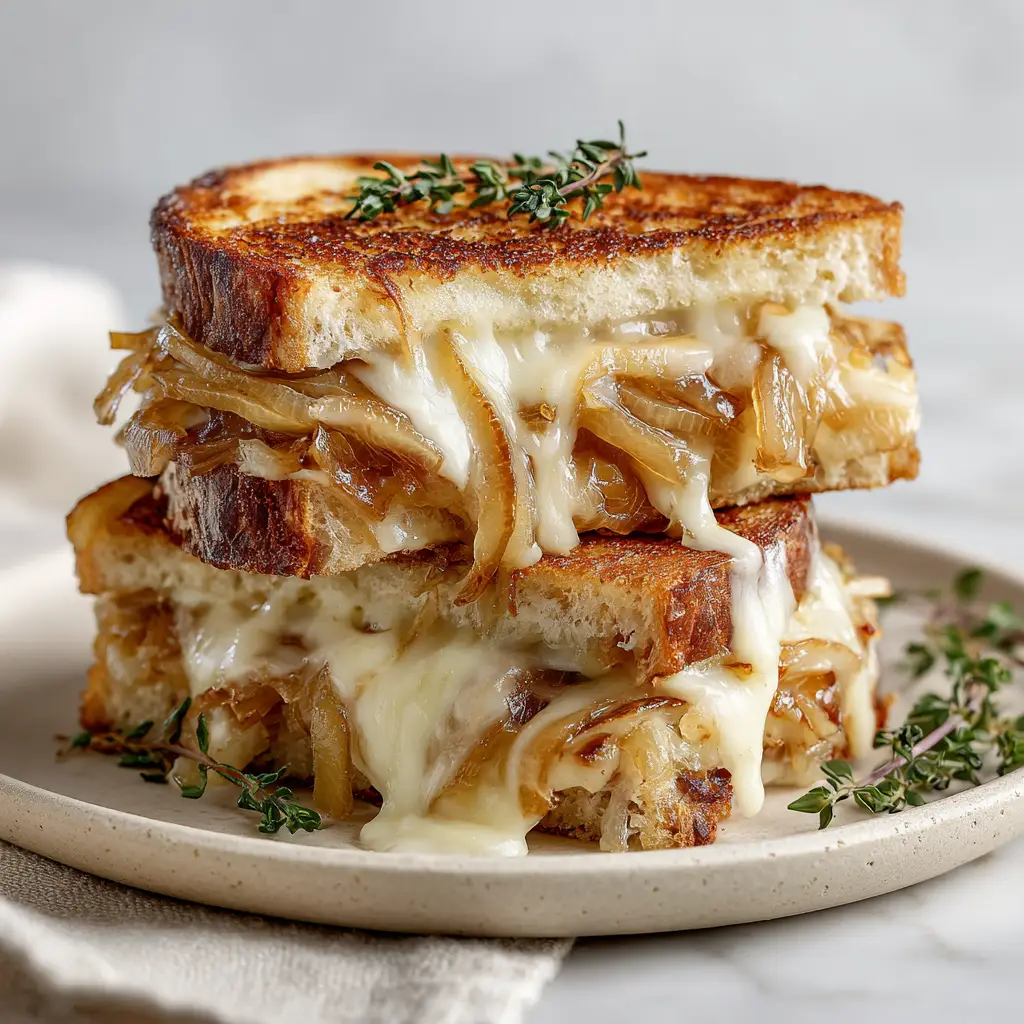 Close-up of golden brown toasted artisan bread with gooey melted Gruyere cheese dripping down the sides.