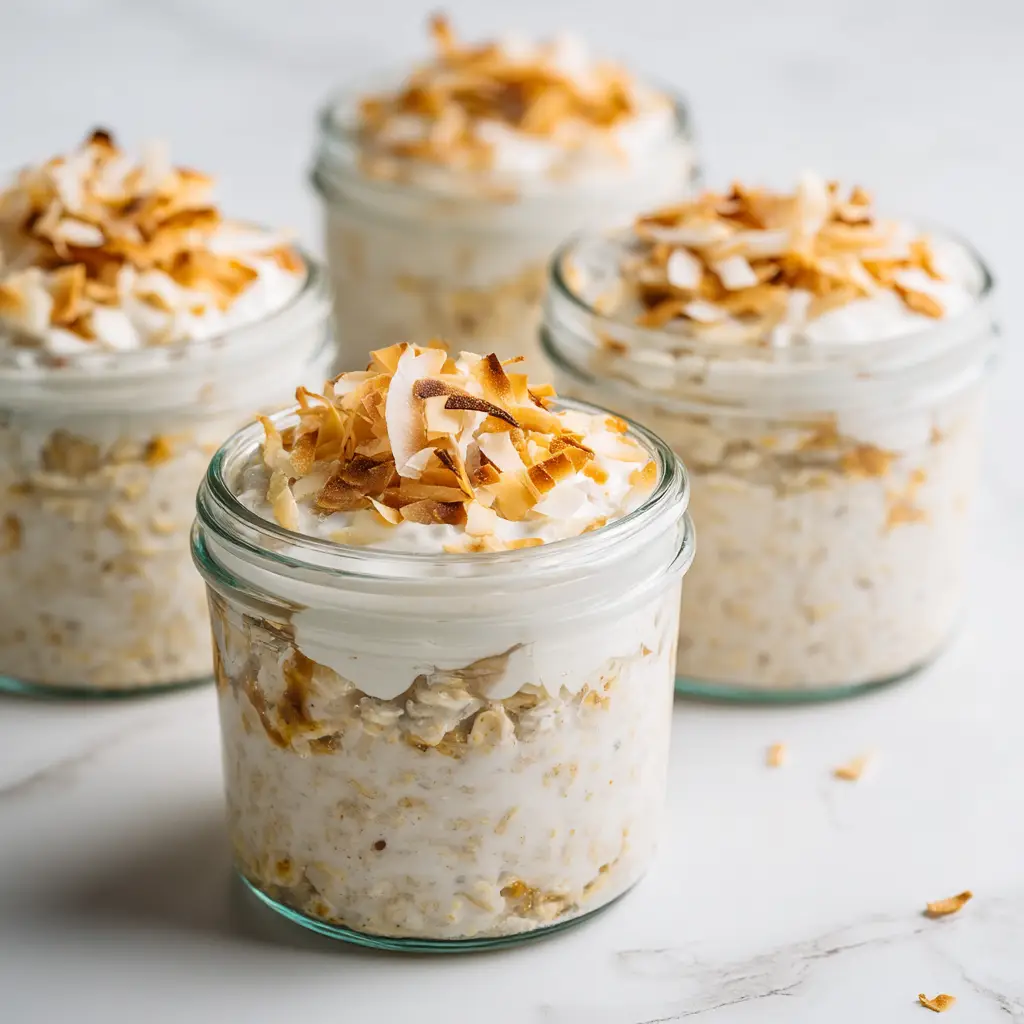 Macro shot of crunchy golden brown toasted coconut flakes piled generously on top of creamy thick white yogurt in a glass jar.