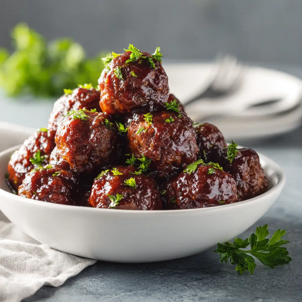 Crockpot Grape Jelly Meatballs served in a white ceramic bowl sitting on a cool-toned grey slate surface with a silver fork.