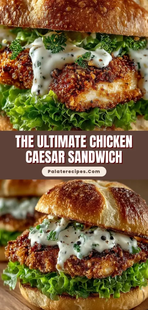Extreme close-up of a Crispy Chicken Caesar Sandwich featuring a golden-brown breaded cutlet, crisp romaine lettuce, and peppery Caesar dressing on a fluffy brioche bun.