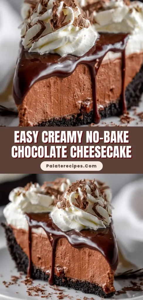 A tall slice of No-Bake Chocolate Cheesecake featuring a dark cookie crust, rich milk chocolate filling, glossy ganache, whipped cream, and chocolate shavings on a white plate.