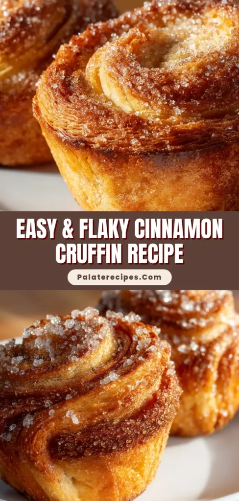 Extreme close-up of a golden-brown cinnamon cruffin with visible, delicate flaky layers and sparkling sugar crystals.