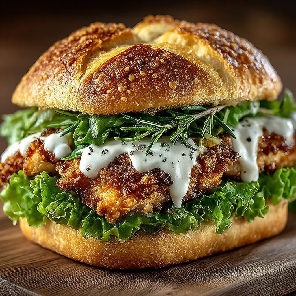 Close-up detail of creamy Caesar dressing with visible specks of black pepper dripping off a crispy chicken cutlet.