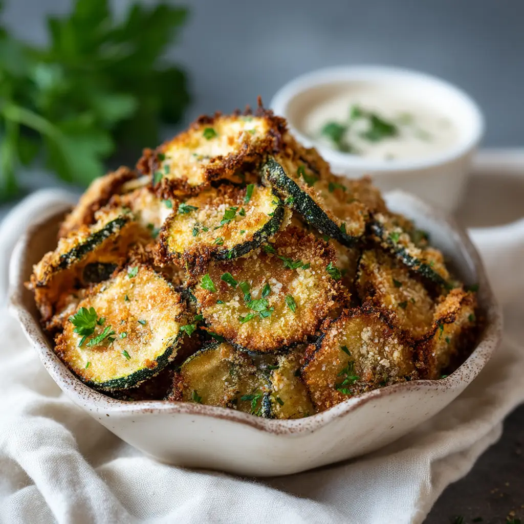 Overhead view of fresh ingredients to make crispy baked zucchini chips, including zucchini, Panko breadcrumbs, eggs, and Parmesan cheese.