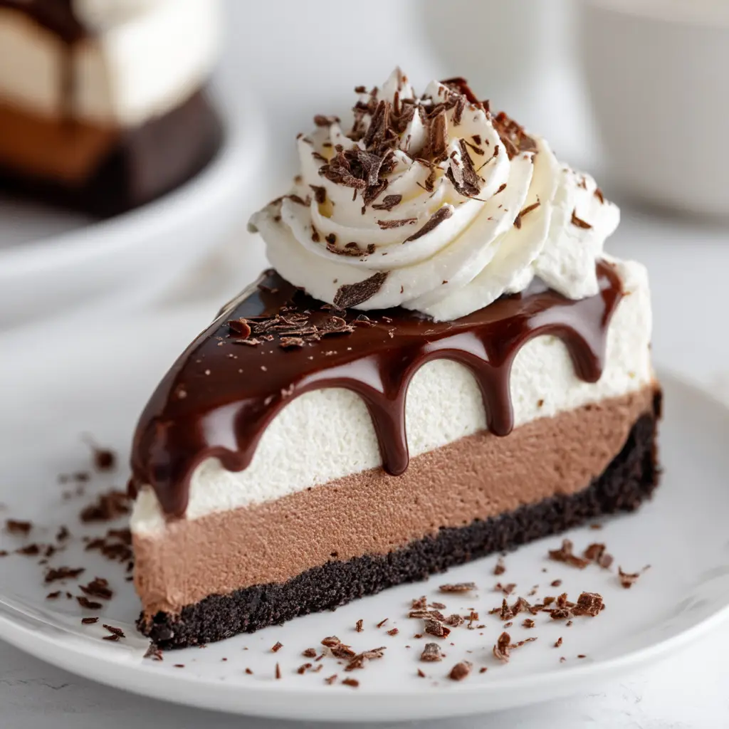 Detailed view of the glossy dark chocolate ganache, fresh whipped cream swirl, and delicate chocolate shavings on top of a cheesecake.