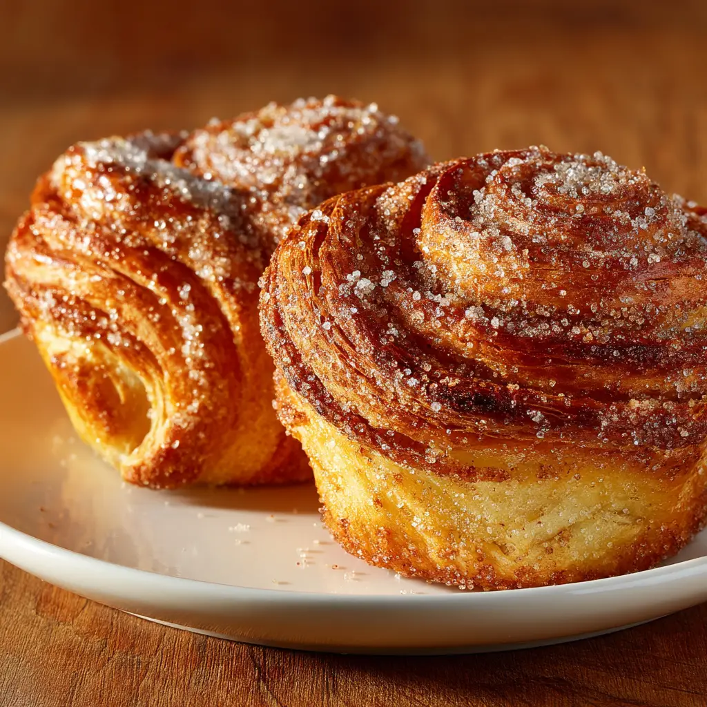 Side angle shot of a cinnamon cruffin on a wooden surface showing delicate laminated pastry layers.