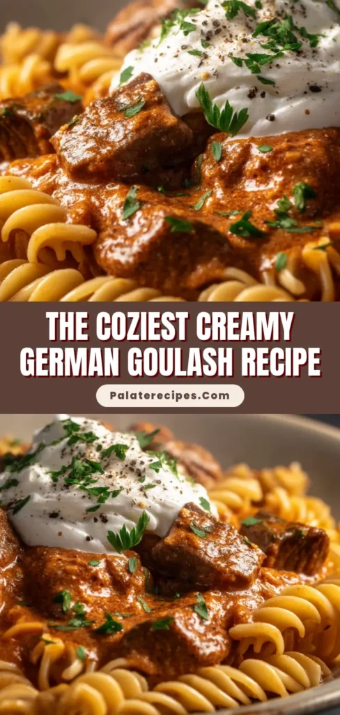 A photorealistic close-up of Creamy German Goulash featuring tender chunks of beef in an orange-brown paprika cream sauce over spiral fusilli pasta.