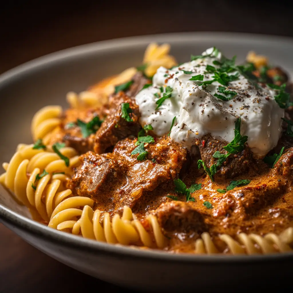 Close up of beef goulash chunks next to perfectly cooked spiral fusilli pasta with a sprinkle of black pepper.