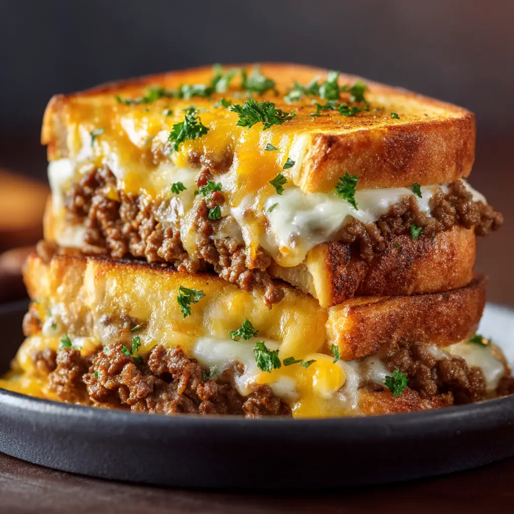 Cheesy ground beef melt served in a dark ceramic baking dish on a rustic wooden background.