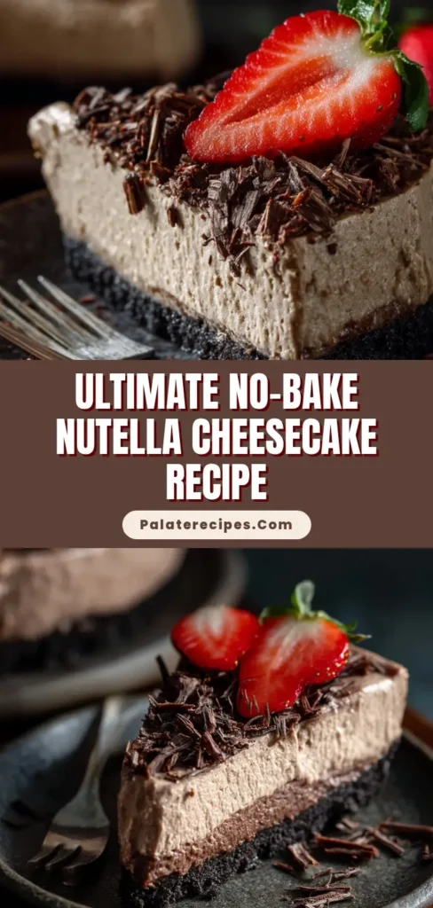 A top-down view of a decadent slice of No Bake Nutella Cheesecake garnished with delicate dark chocolate shavings and fresh vibrant red strawberries.