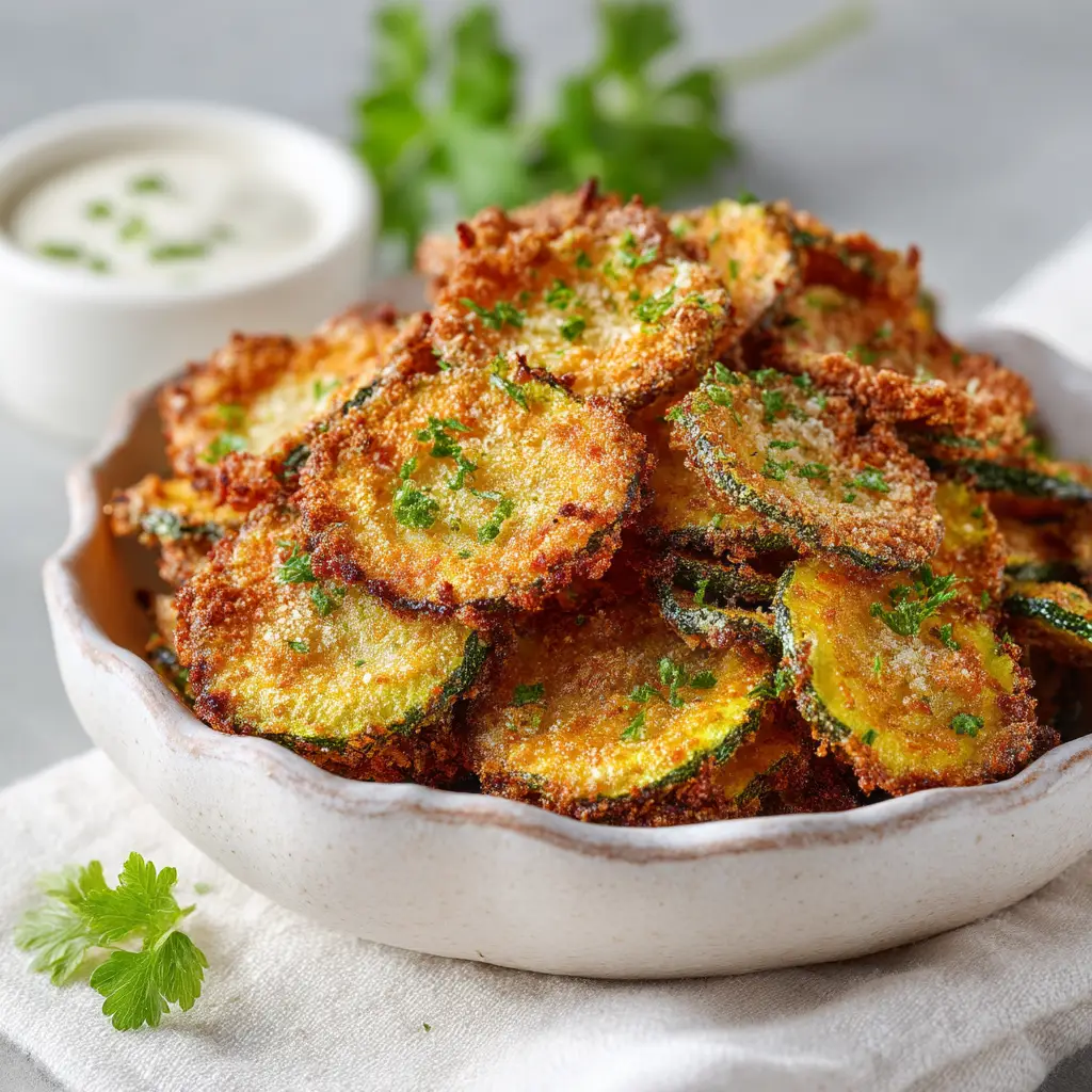 Close up shot of golden brown crispy baked zucchini chips sprinkled with finely chopped fresh parsley.