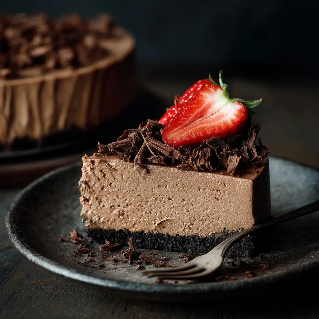 Close-up of the light brown, creamy mousse filling of a No Bake Nutella Cheesecake topped with a fresh red strawberry sliced in half and dark chocolate shavings.