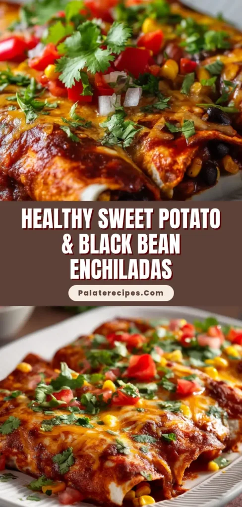 A close-up view of freshly baked sweet potato black bean enchiladas covered in rich red sauce and melted golden cheddar, garnished with tomatoes, corn, and cilantro.