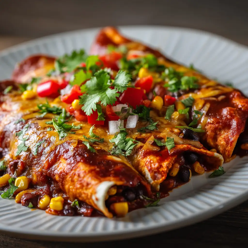 Detailed shot showing the melted golden cheddar cheese and fresh corn, tomato, and cilantro garnish on sweet potato black bean enchiladas.