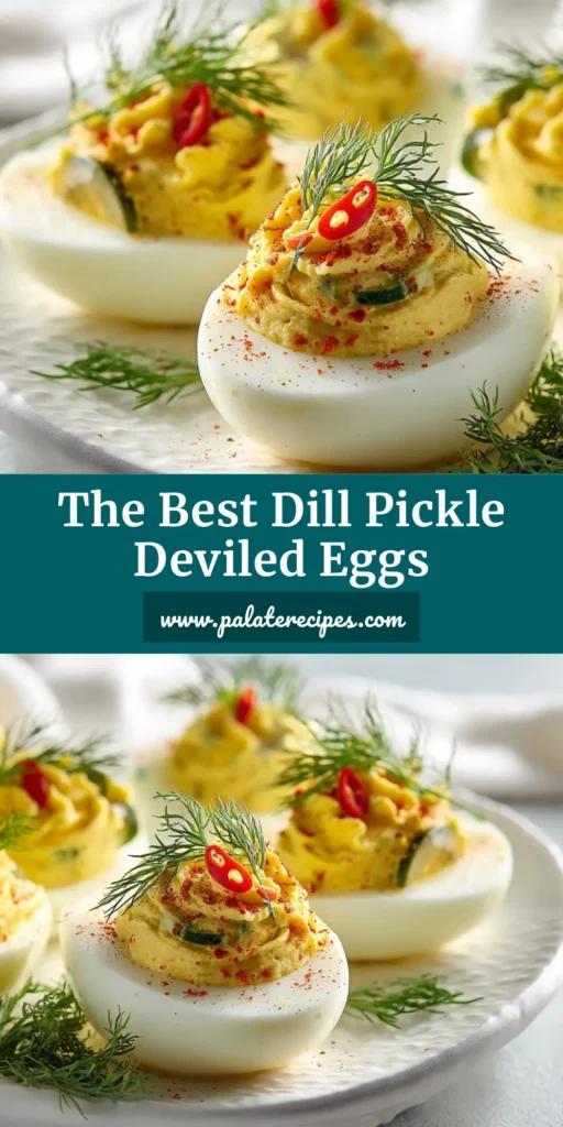 A close-up of dill pickle deviled eggs with creamy yellow filling, garnished with fresh dill fronds, tiny pickle slices, and paprika.