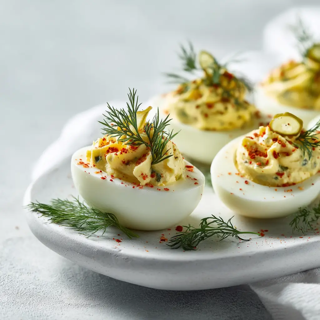 Macro shot of a dill pickle deviled egg showing the detailed garnish of fresh dill, pickle slice, and dusted paprika.