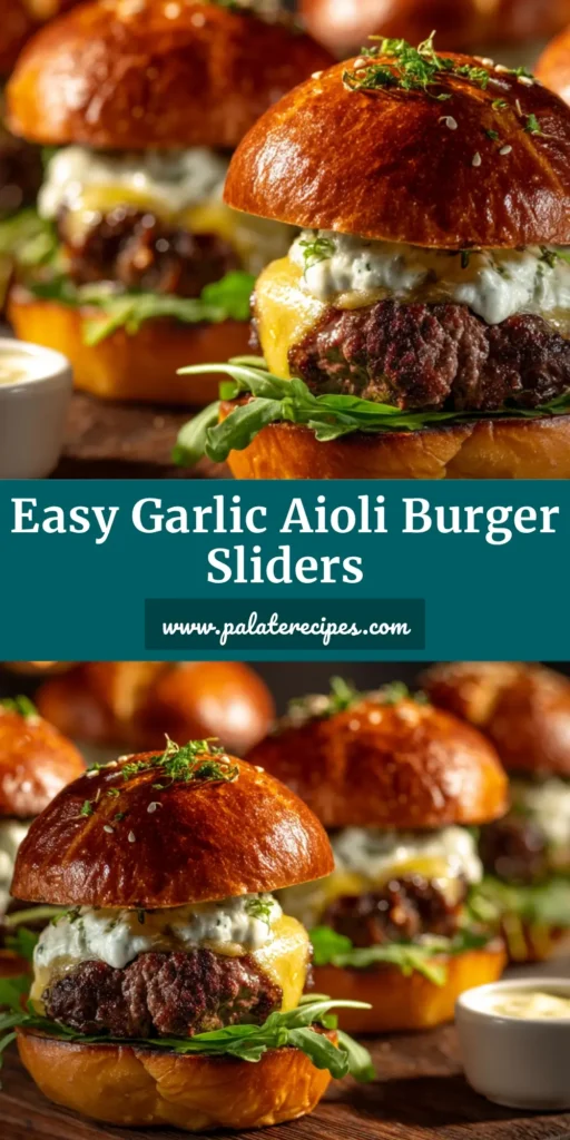 A rustic wooden board showcasing photorealistic Garlic Aioli Burger Sliders with melted cheddar, fresh arugula, and sesame brioche buns.