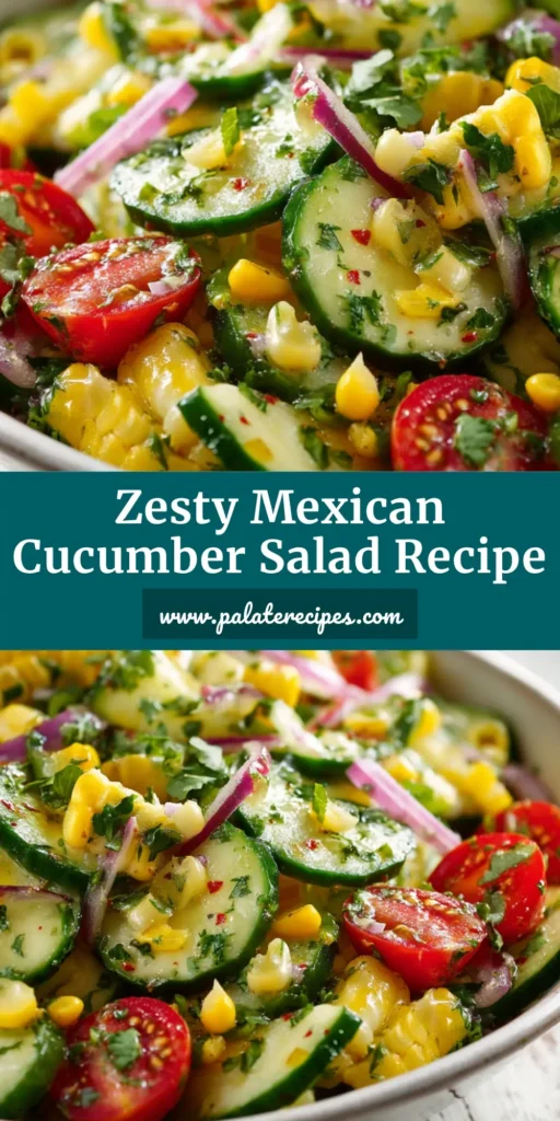 A shallow white ceramic bowl filled with zesty Mexican cucumber salad featuring crisp cucumbers, sweet corn, cherry tomatoes, and fresh cilantro.