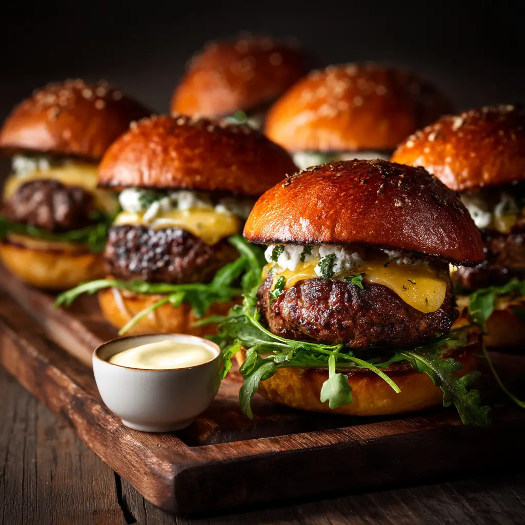 Gourmet burger sliders arranged next to a small white ceramic bowl filled with creamy garlic aioli and chopped parsley.