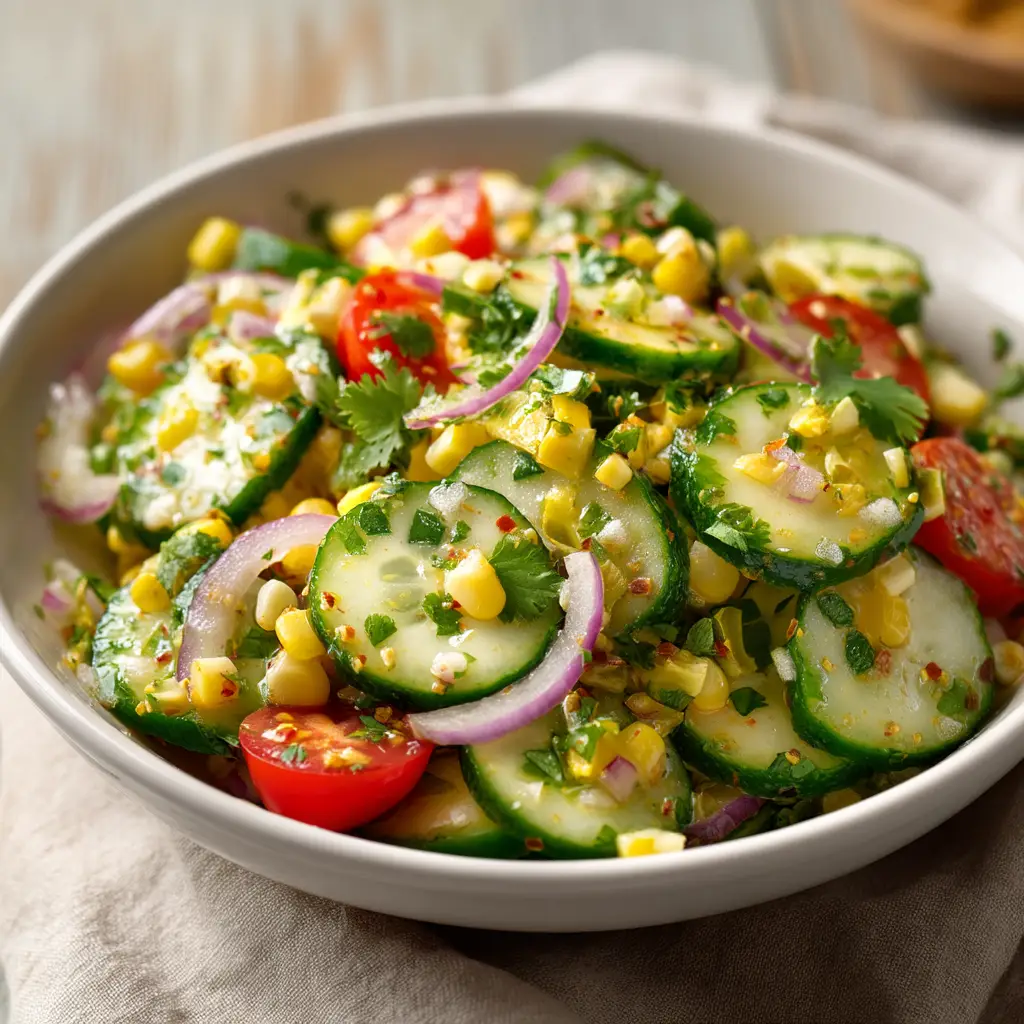 Top-down view of vibrant Mexican cucumber salad in a white ceramic bowl on a rustic wooden table.