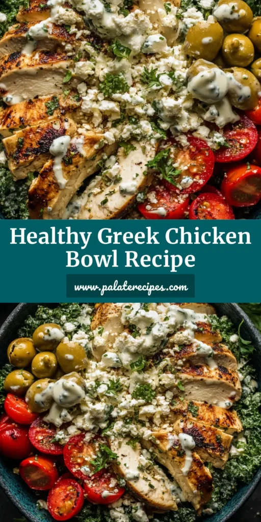 A healthy Greek chicken bowl in a dark teal ceramic bowl featuring charred chicken, crumbled feta, green olives, cherry tomatoes, fresh kale, and a creamy tahini feta sauce.