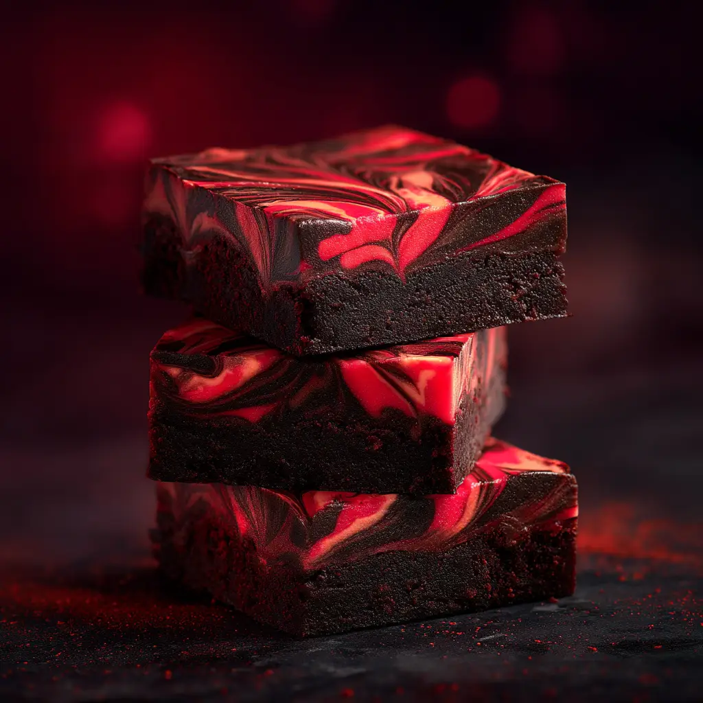 Decadent Vampire Fudge Recipe 3 Ingredients for Vampire Fudge Recipe including black cocoa powder, chocolate chips, and red gel coloring on a dark studio surface.