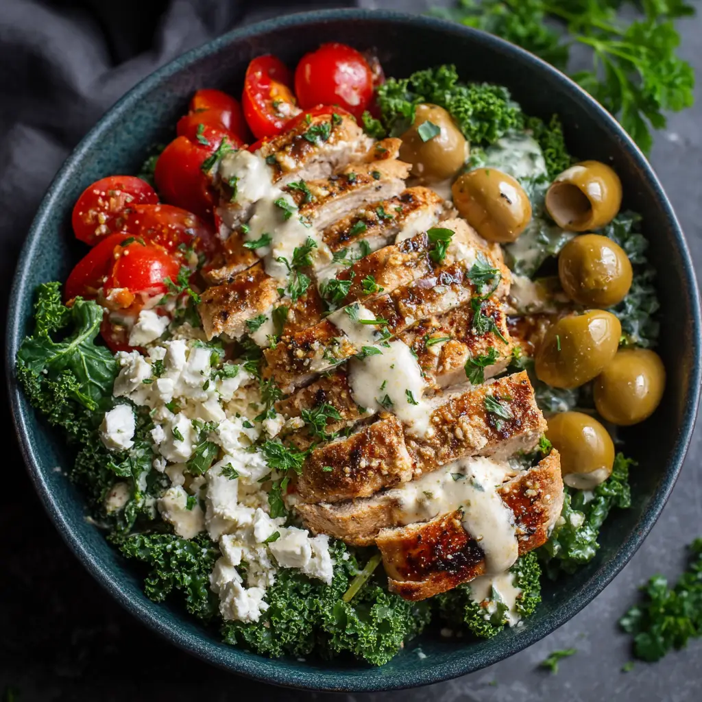 Grilled sliced chicken breast with beautiful dark char marks alongside a creamy white tahini feta sauce.