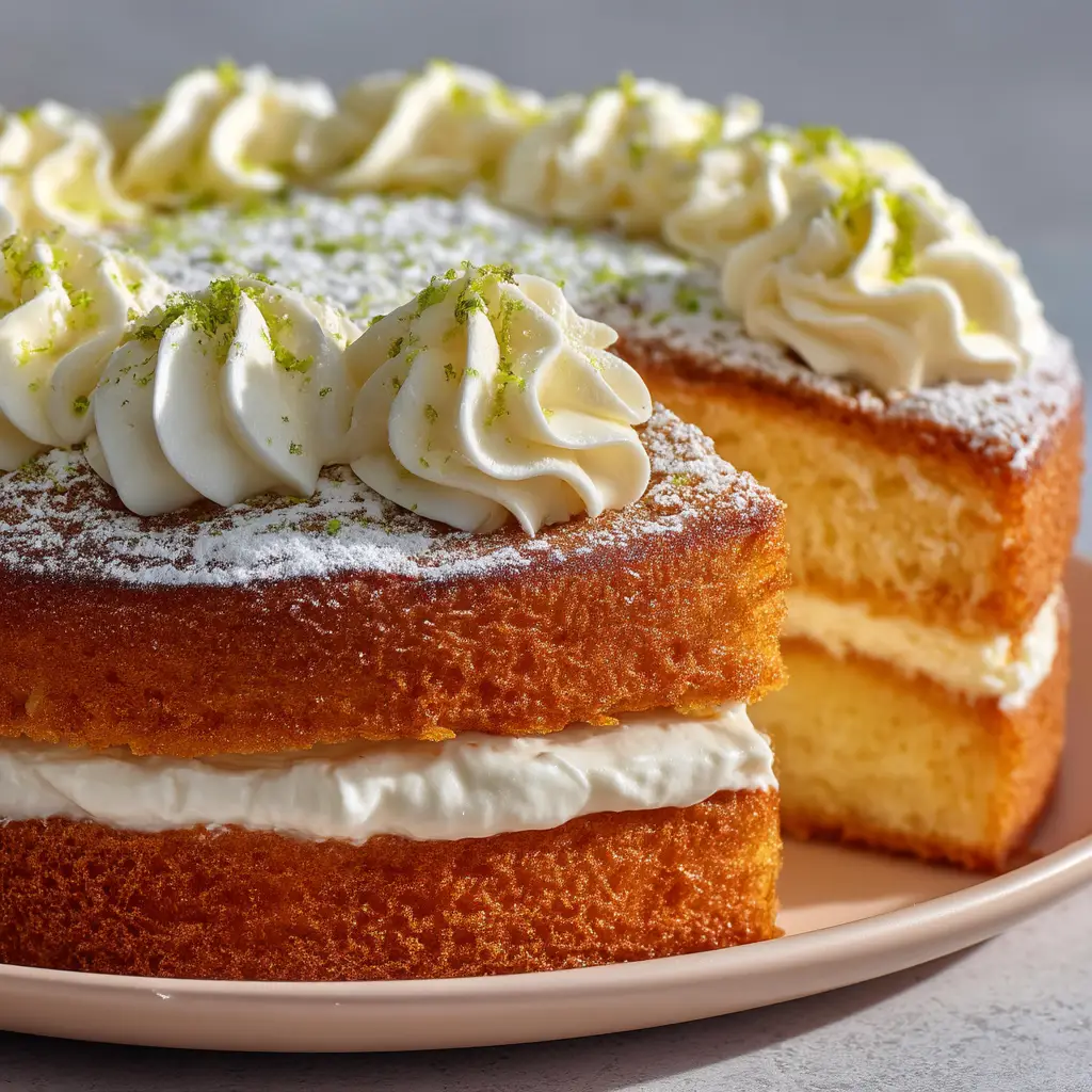 The Ultimate Lemon Cloud Cake Recipe 2 Close-up shot capturing the moist texture of the golden brown cake and the thick, creamy cream cheese filling.