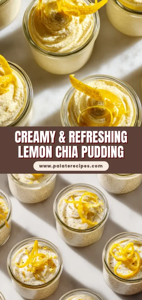 Several small glass jars filled with creamy yellow lemon chia seed pudding, arranged on a white marble slab with a delicate bright yellow lemon peel twist.