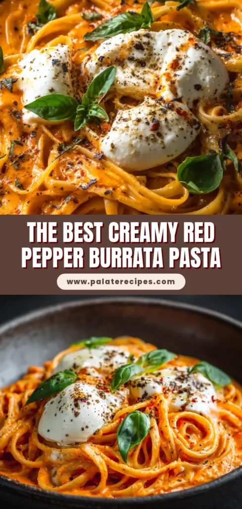 Extreme close-up of linguine pasta coated in a creamy roasted red pepper sauce, topped with torn burrata, glistening olive oil, and fresh basil.