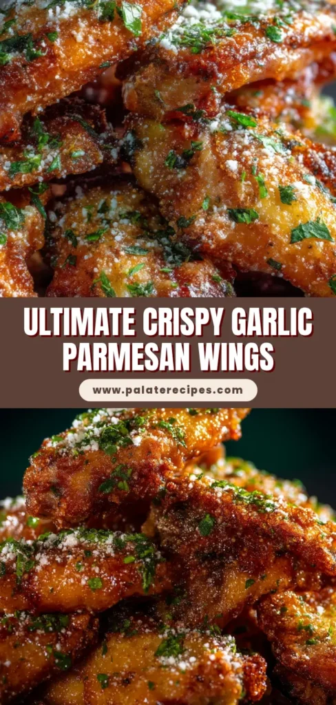 Extreme close-up of a pile of crispy, golden-brown garlic parmesan chicken wings, glistening with butter sauce and dusted with parmesan.