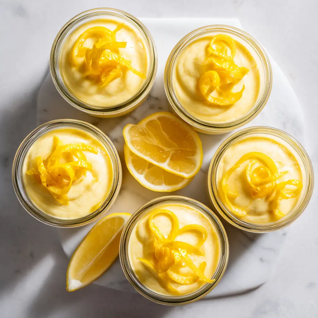 A high-angle view of a creamy yellow lemon chia seed pudding in a glass jar resting on a marble surface.