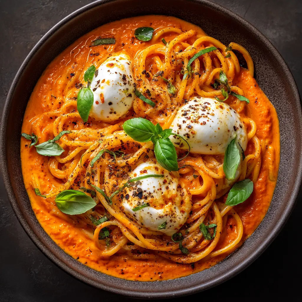 Vibrant roasted red pepper sauce simmering in a skillet before adding linguine noodles.