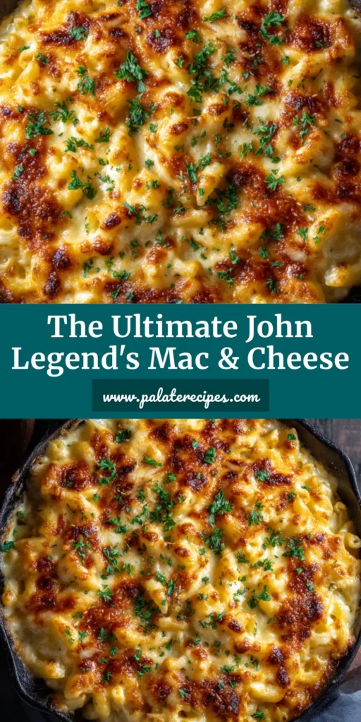 An overhead close-up shot of John Legend's Baked Mac And Cheese in a rustic cast-iron skillet, featuring a bubbly, golden-brown toasted cheese crust.