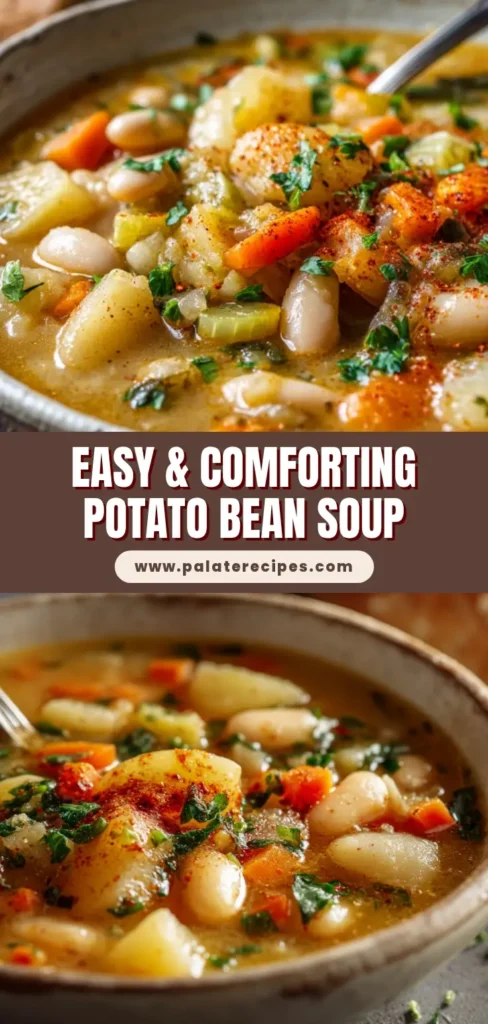 A rustic off-white ceramic bowl filled with thick potato bean soup, garnished with parsley and paprika.