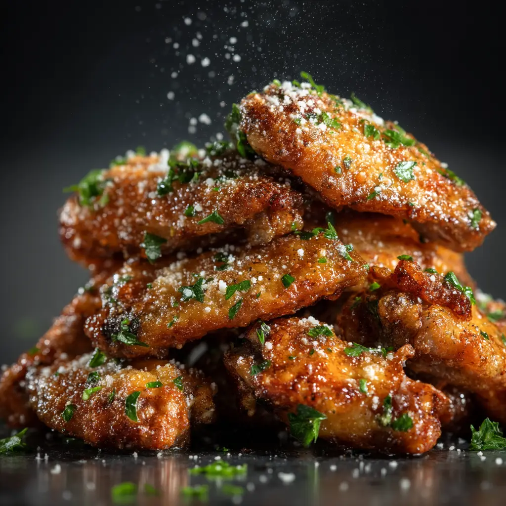 Crispy golden-brown baked chicken wings resting in a metal mixing bowl before being tossed in sauce.