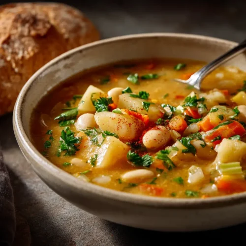 Hearty Potato Bean Soup in a Savory Golden Broth