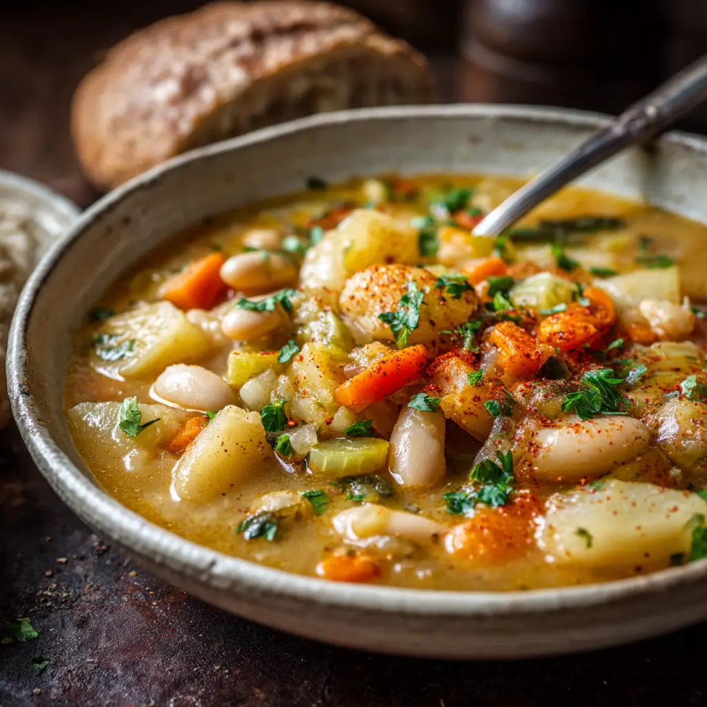 A silver spoon resting in a thick, hearty potato and white bean soup with a crusty bread roll in the background.