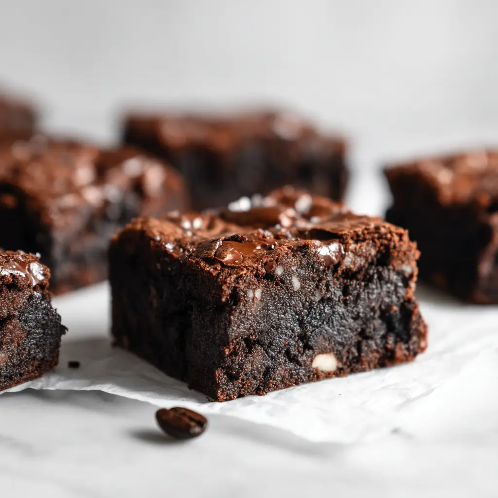 A stack of high protein black bean brownies cut into perfect squares sitting on clean parchment paper.