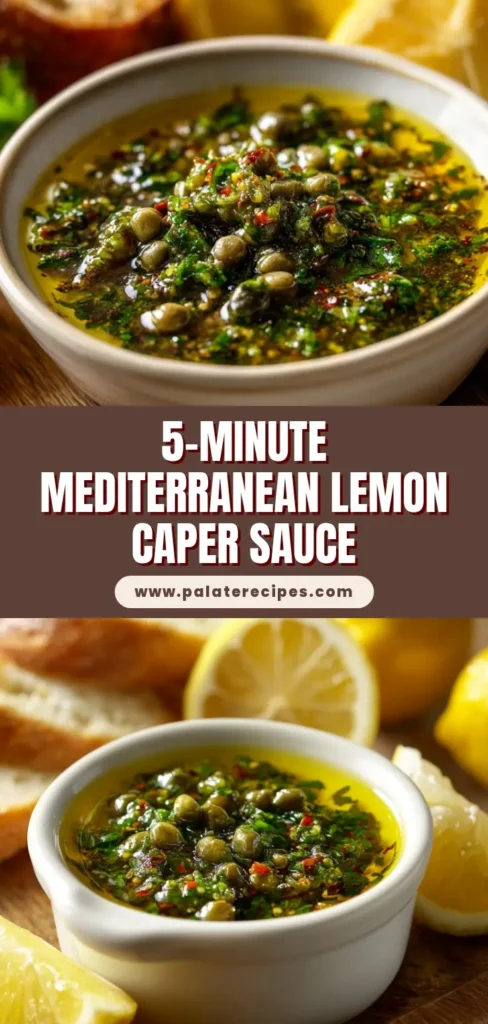 A vibrant lemon caper sauce in a small white ceramic bowl, featuring a glistening olive oil base, plump capers, and chopped parsley next to crusty bread.