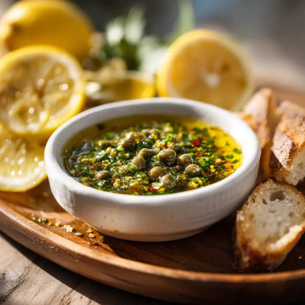 Close-up of a spoon lifting vibrant lemon caper sauce showing glistening olive oil, plump green capers, and a dash of red pepper flakes.