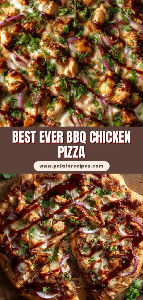Top-down view of a gourmet Homemade BBQ Chicken Pizza on a rustic wooden board, loaded with seasoned chicken, melted mozzarella, red onions, and fresh cilantro.