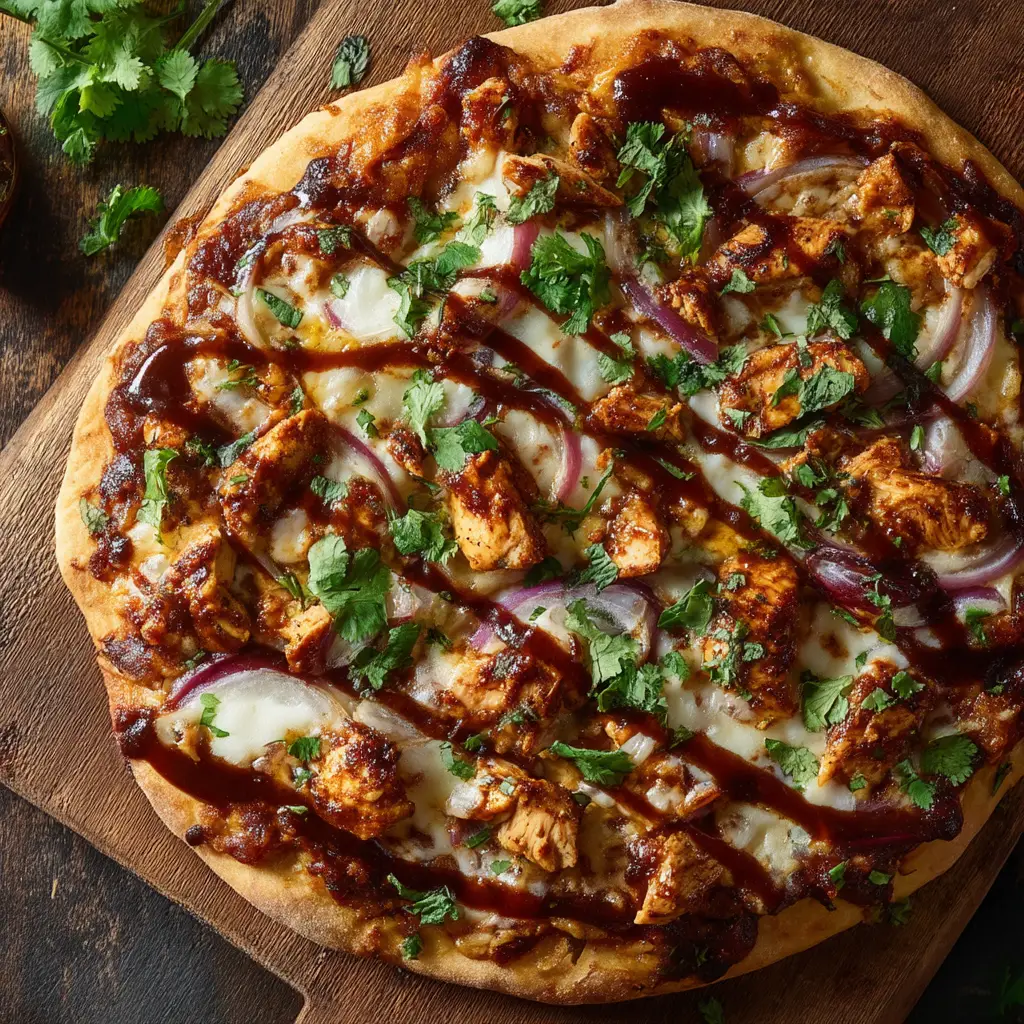 Detailed shot of seasoned chicken chunks coated in rich, dark BBQ sauce for Homemade BBQ Chicken Pizza.